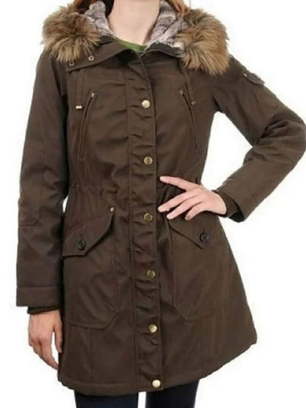 1 Madison Expedition Women's Faux Fur Hooded Parka Jacket Size Large EUC